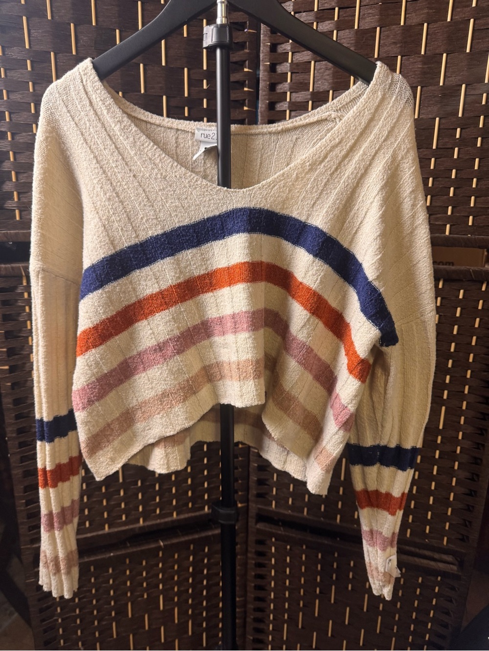 rue21 Cream V-Neck Striped Sweater with Navy, Rust and Pink